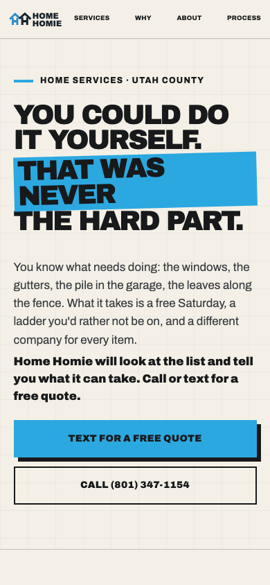 Live Home Homie homepage on a phone